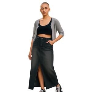 Wild Fable Denim Maxi Skirt Women's Size 2 Washed Black Raw Hem Waist Front Slit